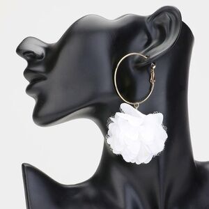 Gold & White Fabric Flower Statement Earrings